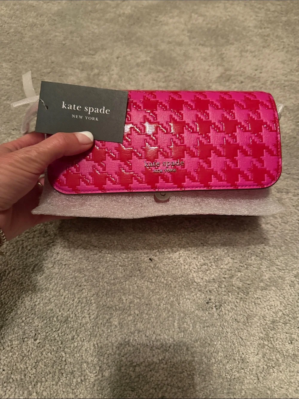 kate spade Pink Houndstooth Patent Clutch Wallet